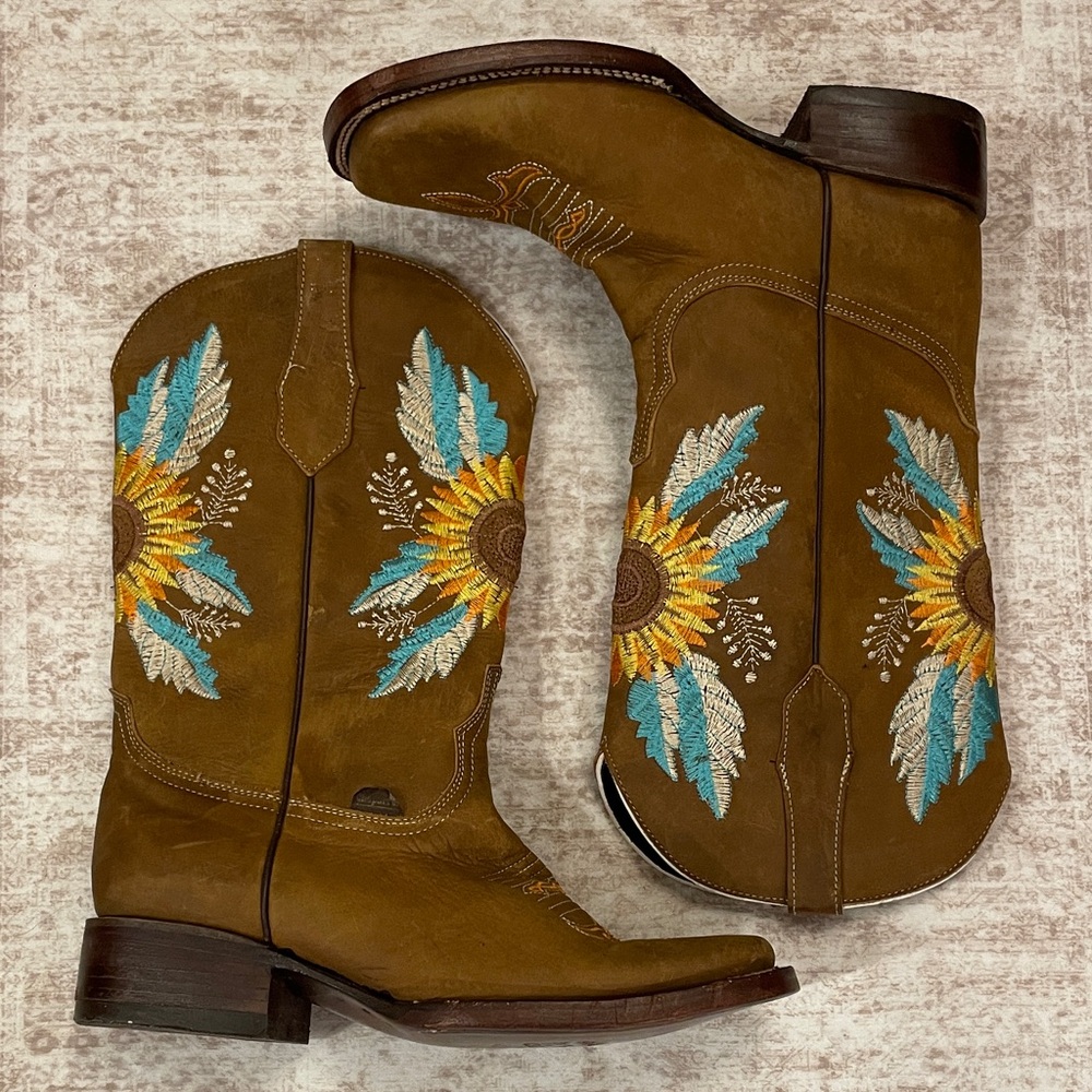Women's Brown Suede Cowboy Boots with Turquoise & Yellow Sunflower Embroidery